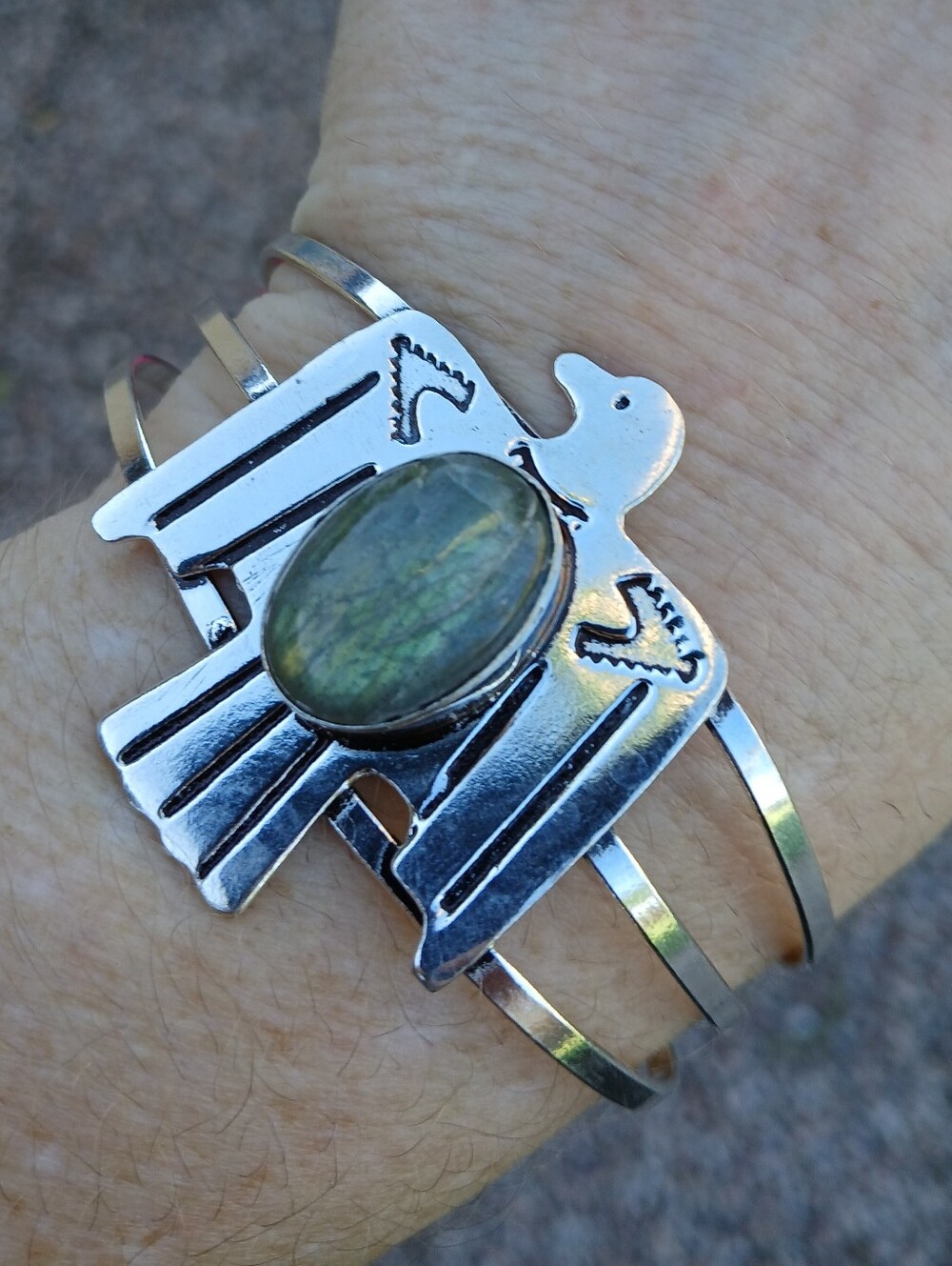 New Labradorite 925 Silver Thunderbird Cuff Bracelet. 